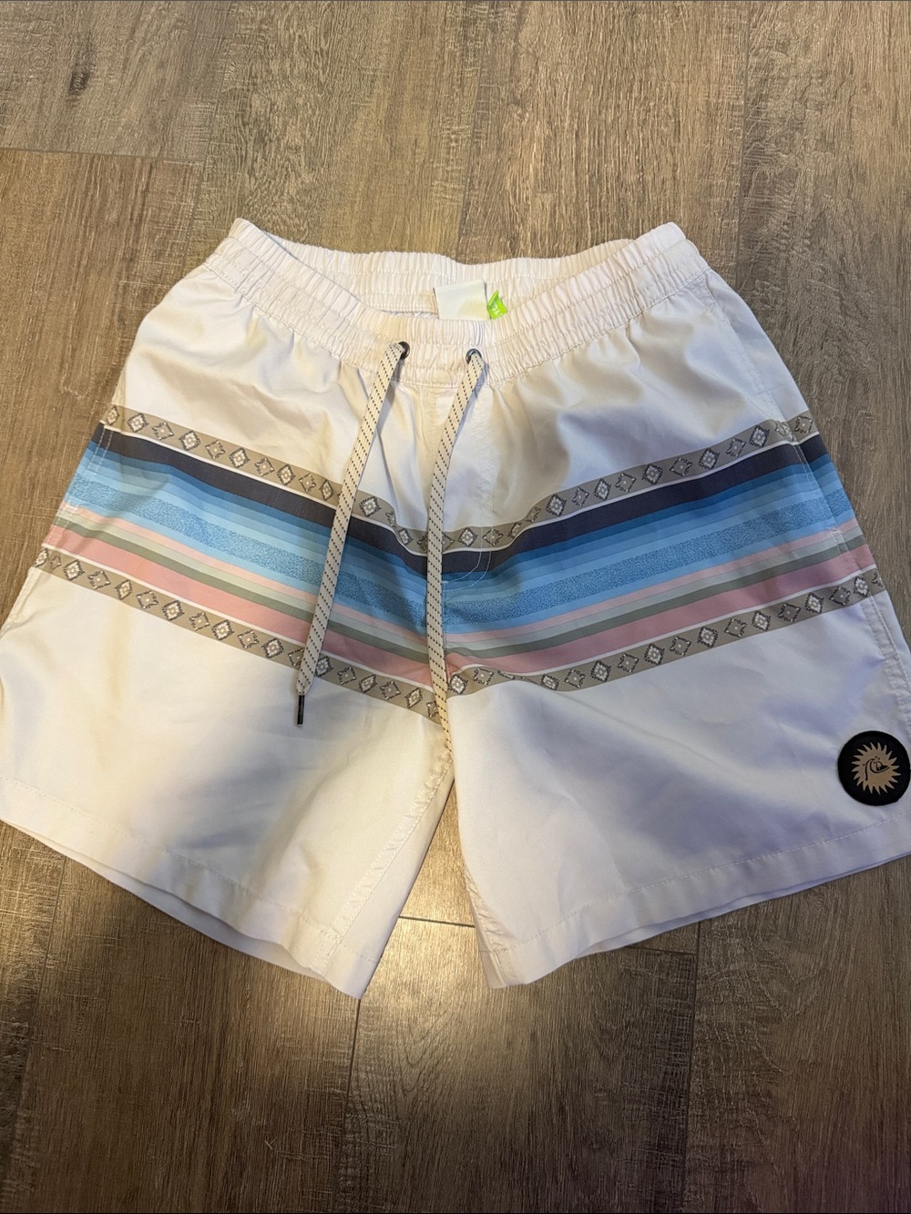 Quiksilver White Swim Trunks with Blue and Pink Stripe Panels